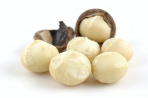 Shelled and unshelled macadamia nuts in isolated white background