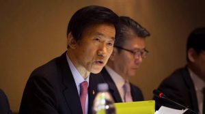 Minister of Foreign Affairs Yun Byung-se of South Korea speaks during a meeting between leaders from South Korea, Japan and the United States in New York