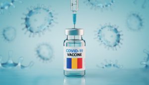 COVID-19 Coronavirus Vaccine and Syringe with flag of Romania Concept Image